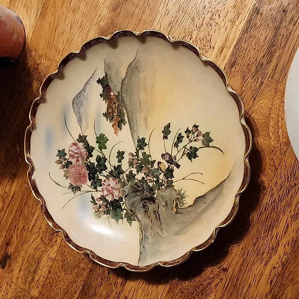 Antique Asian Satsuma plate scalloped rim gold - edged marked and signed